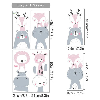 Cartoon animal wall stickers with dimensions on a white background