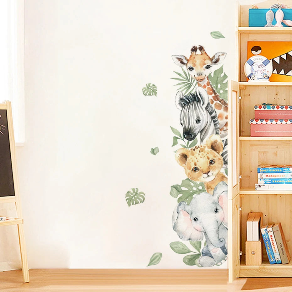 Wall decal of jungle animals on a wall next to a wooden bookshelf with books.