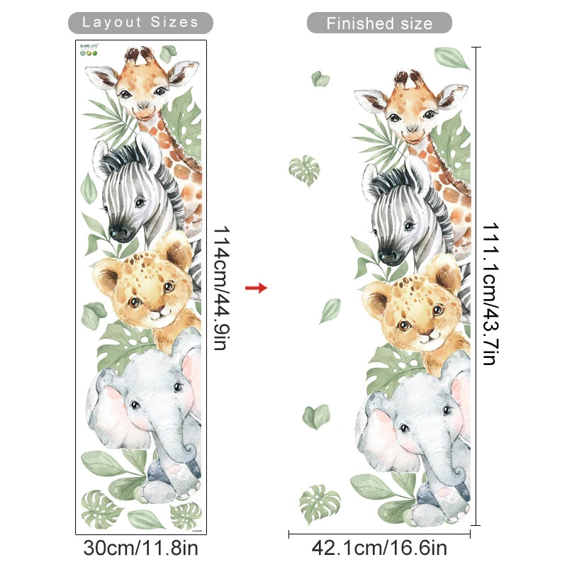 Wall decal with animals and leaves showing layout and finished size dimensions.