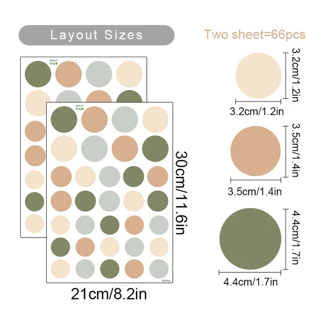 Color swatch chart with circular samples and layout dimensions on a white background