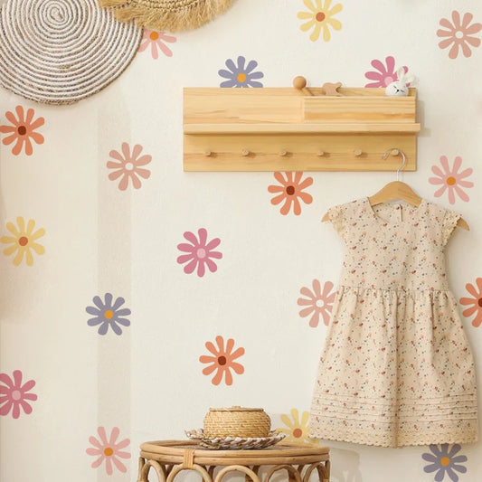 Cute Pastel Colored Daisies Wall Decal – Removable Peel & Stick Vinyl Wall Stickers for Nursery, Kids Room & Bedroom Creative DIY Home Decor
