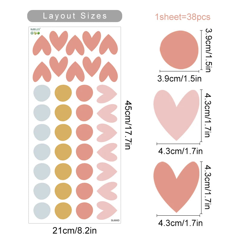 Sheet of heart-shaped stickers with layout sizes and dimensions on a white background