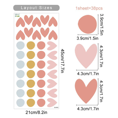 Sheet of heart-shaped stickers with layout sizes and dimensions on a white background