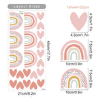Sheet of pink rainbow and heart-shaped stickers with layout sizes and dimensions.