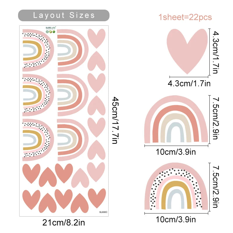 Sheet of pink rainbow and heart-shaped stickers with layout sizes and dimensions.