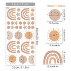 Sheet of decorative stickers with layout sizes and dimensions on a white background