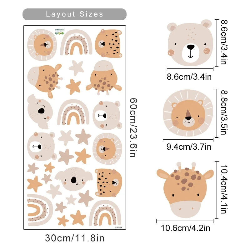 Sheet of animal-themed stickers with dimensions displayed