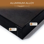 Black frame with text highlighting aluminum alloy thin frame features on a white background