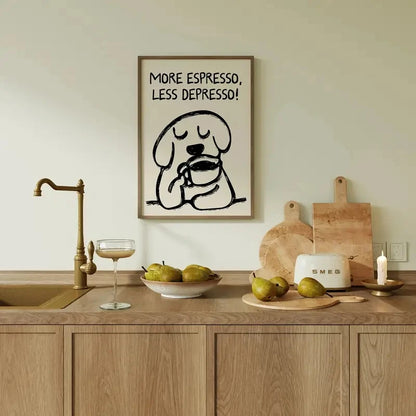 Kitchen counter with a dog illustration and text, cutting boards, and fruit.