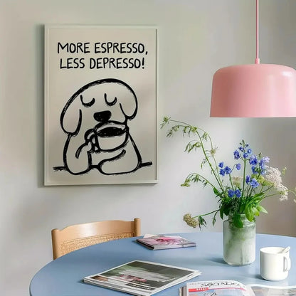Room interior with a framed picture of a dog drinking coffee, a pink lamp, and a table with magazines and flowers.