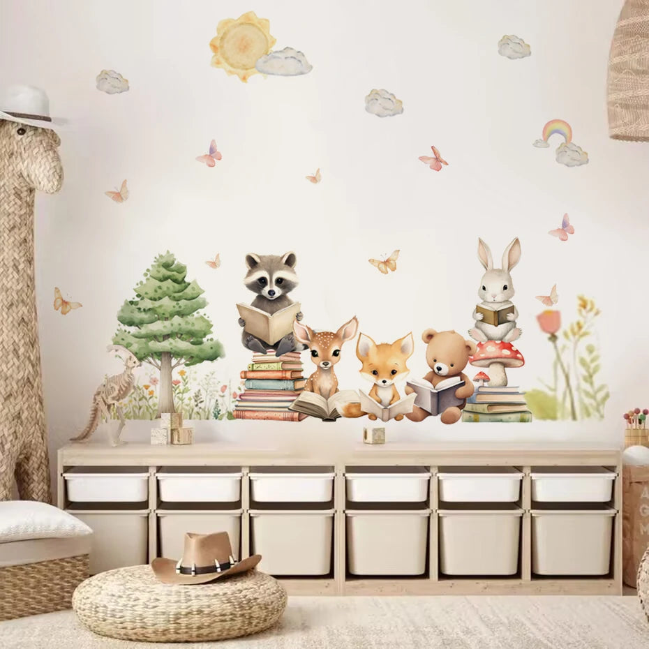 Children's room with animal-themed wall decals and storage unit.