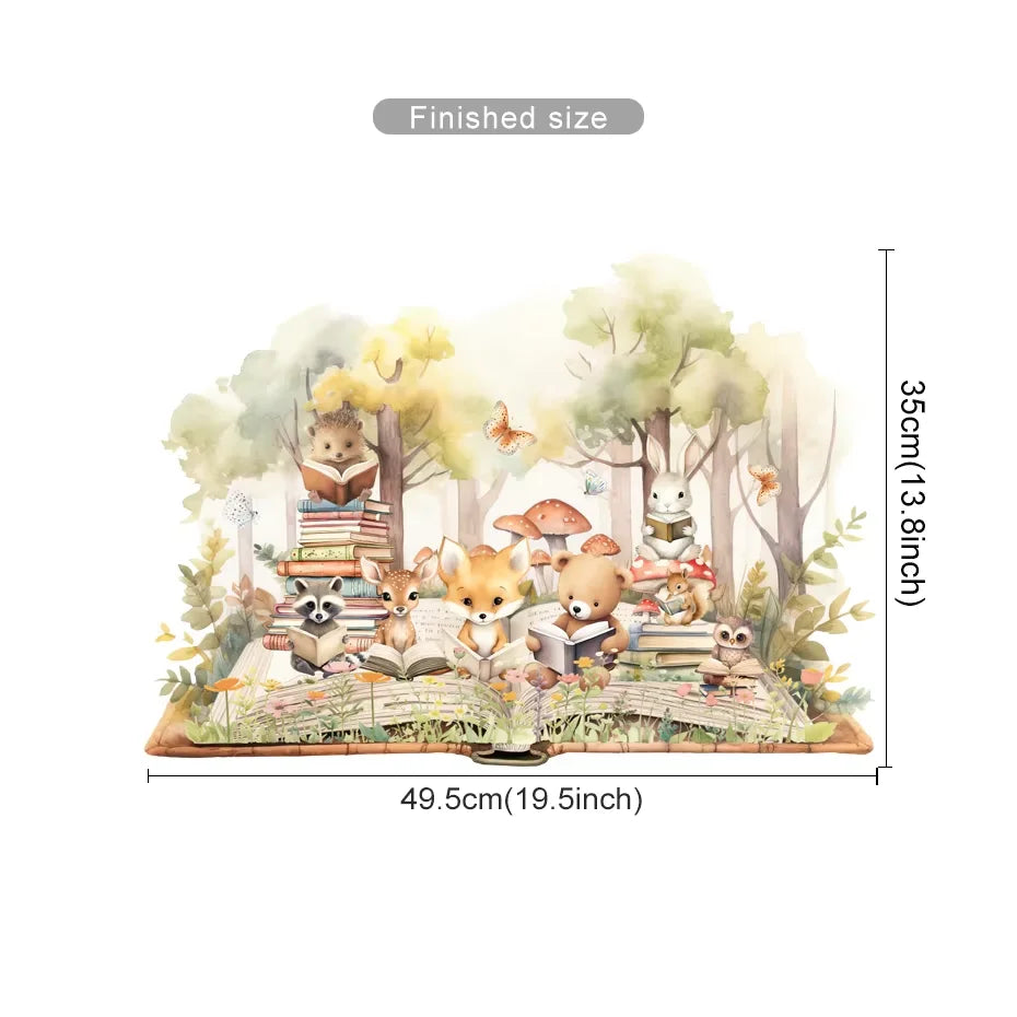 Woodland animal scene with book and measurement details on a white background