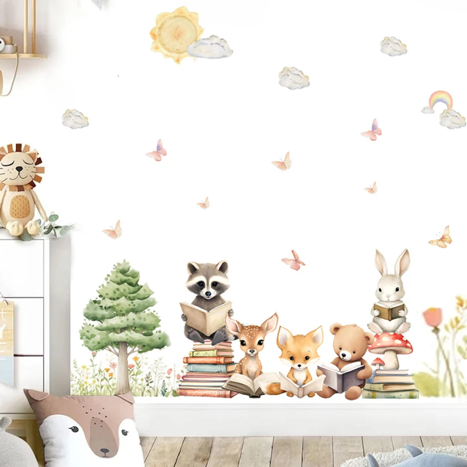 Children's room with wall decals of animals and nature elements.