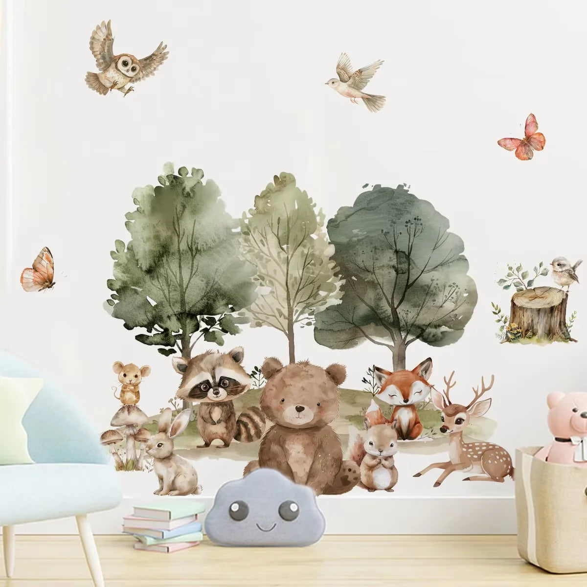 Wall mural with forest animals and trees in a room setting.