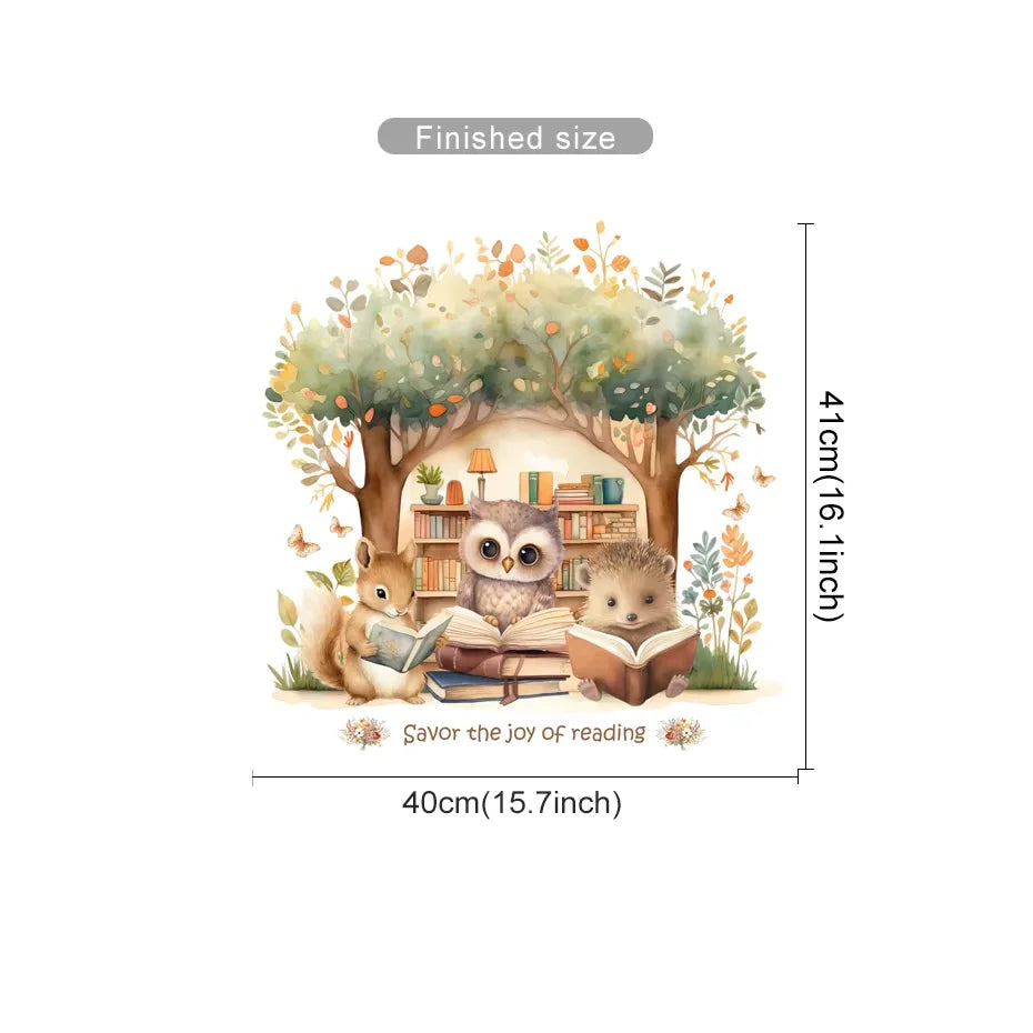 Illustration of three animals reading books under a tree with dimensions displayed.