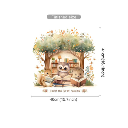 Illustration of three animals reading books under a tree with dimensions displayed.