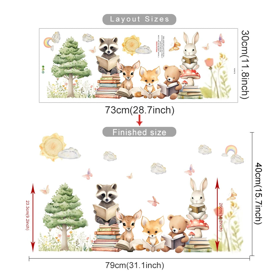 Woodland animal wall stickers with dimensions indicated on a white background