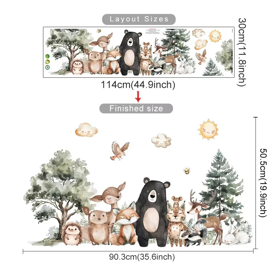 Woodland animal wall decal set with dimensions displayed