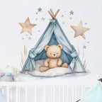 Children's wall decal with a teddy bear in a teepee and stars on a light blue background.