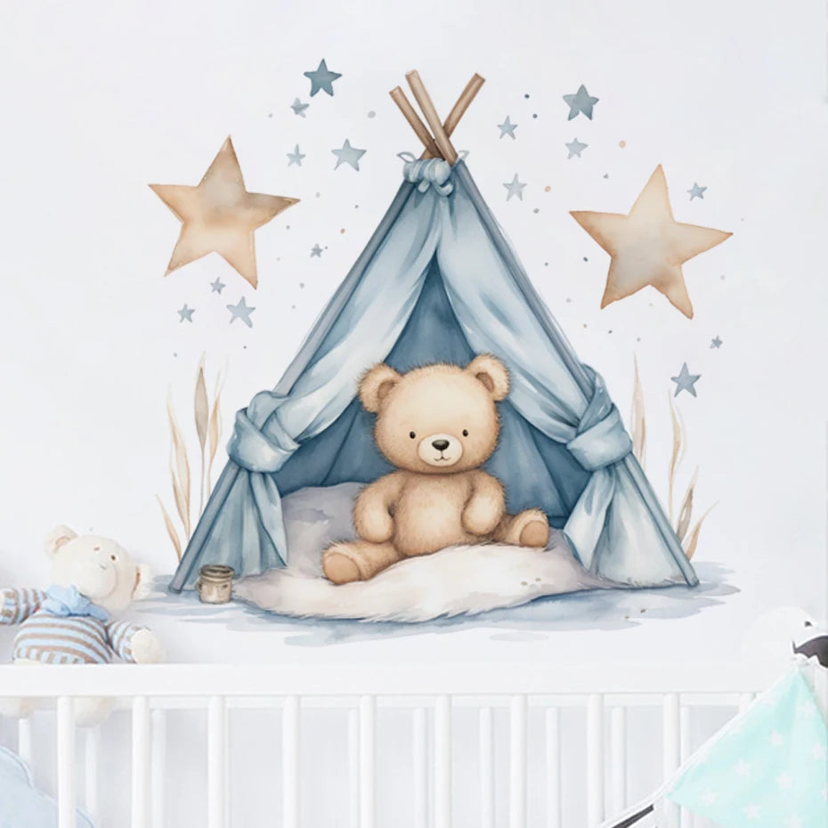 Children's wall decal with a teddy bear in a teepee and stars on a light blue background.
