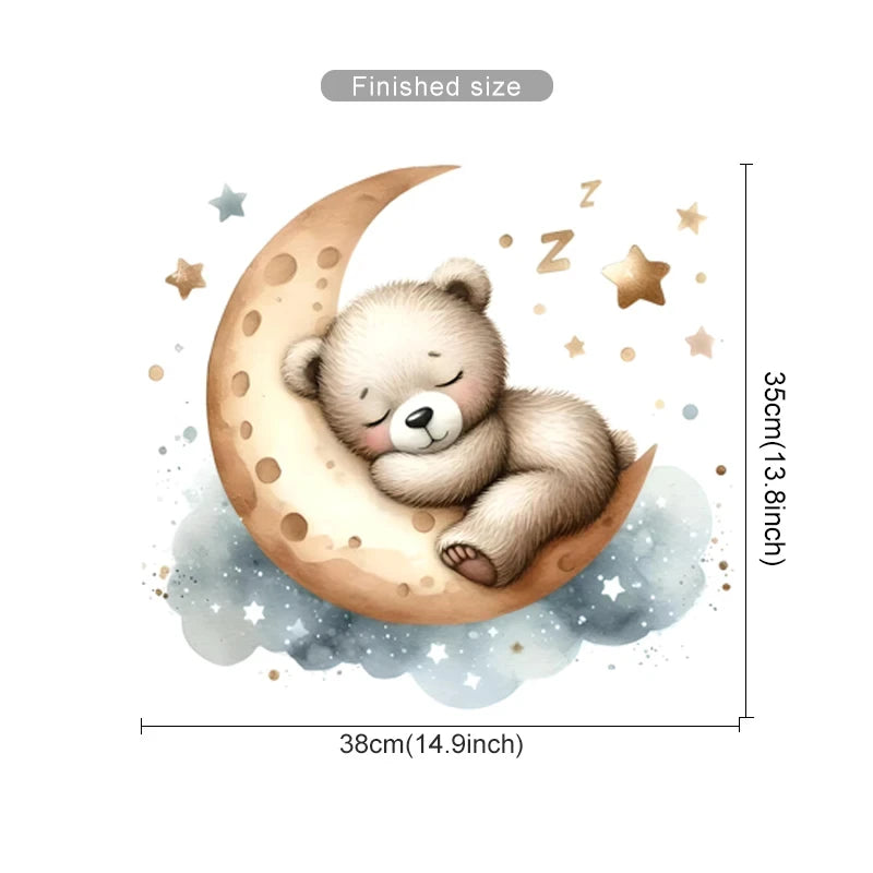 Illustration of a bear sleeping on a crescent moon with starry background and measurements.