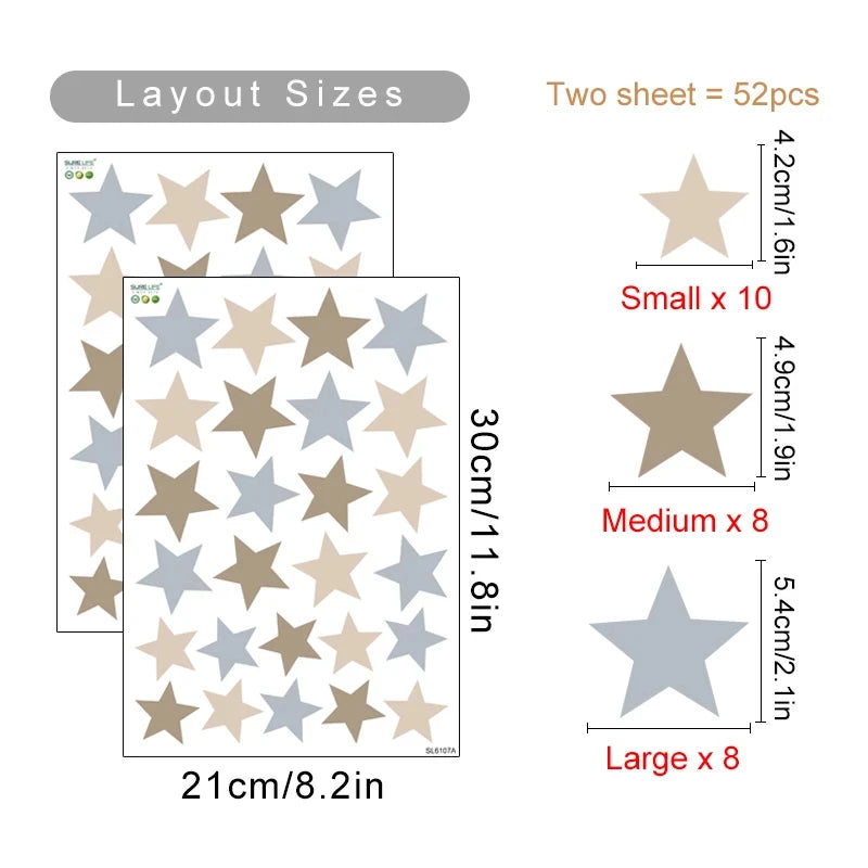 Star-shaped stickers with layout sizes and dimensions on a white background