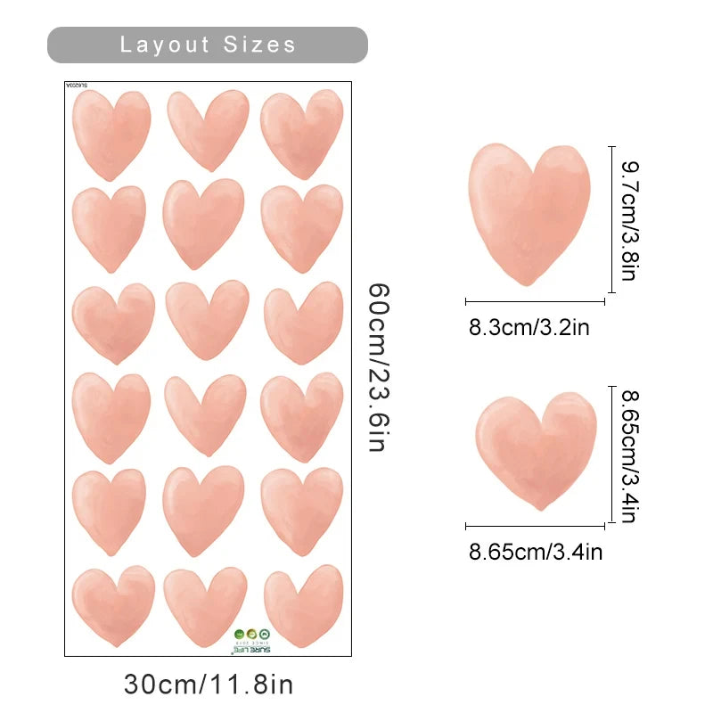 Heart-shaped stickers with layout sizes and dimensions on a white background