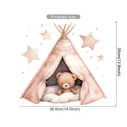 Illustration of a pink teepee with a teddy bear inside, surrounded by stars, with measurements displayed.