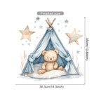 Wall decal of a teddy bear in a blue teepee with star decorations and measurements.
