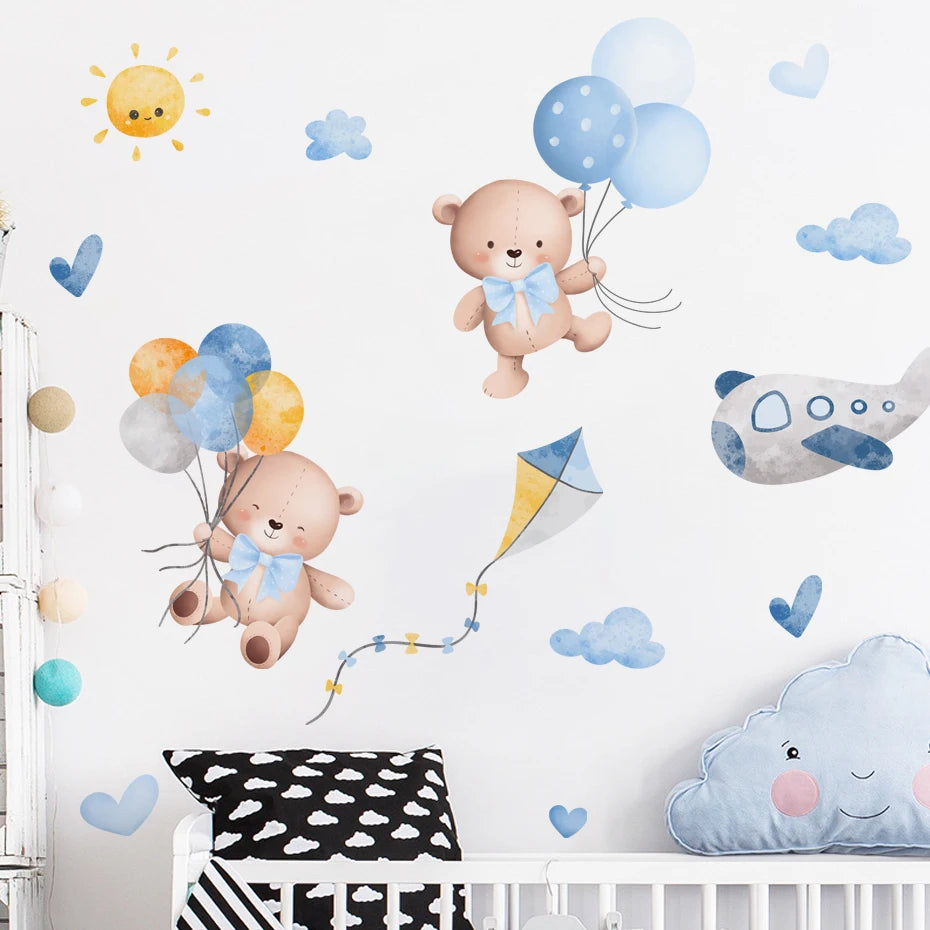 Children's room with teddy bear wall decals, balloons, and a plane.