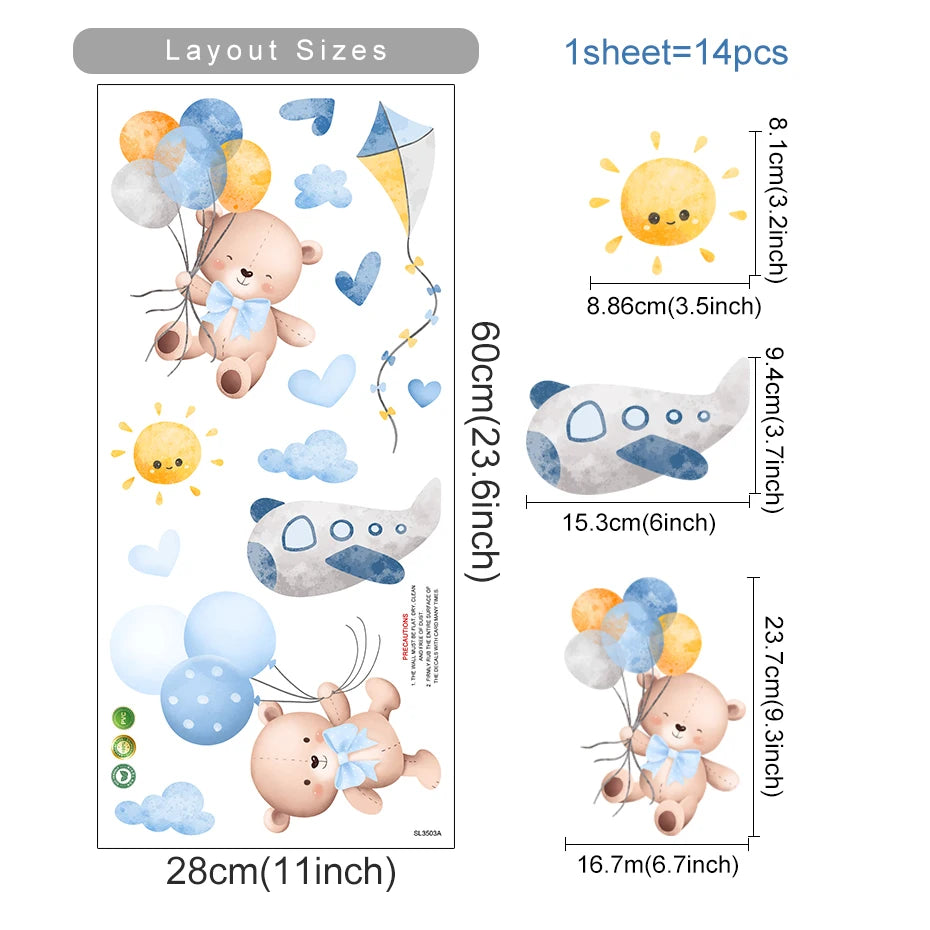 Wall sticker layout with teddy bears, balloons, and airplane on a white background