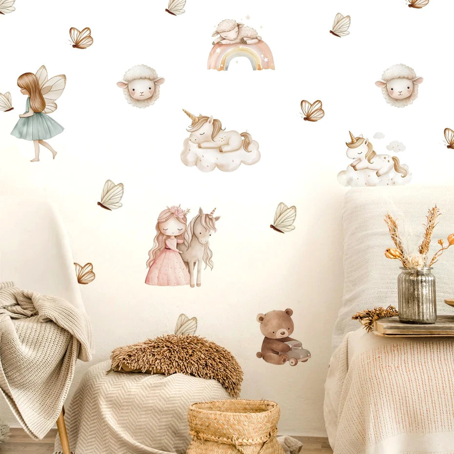 Children's room with fairy, unicorn, and sheep wall decals on a light-colored wall.