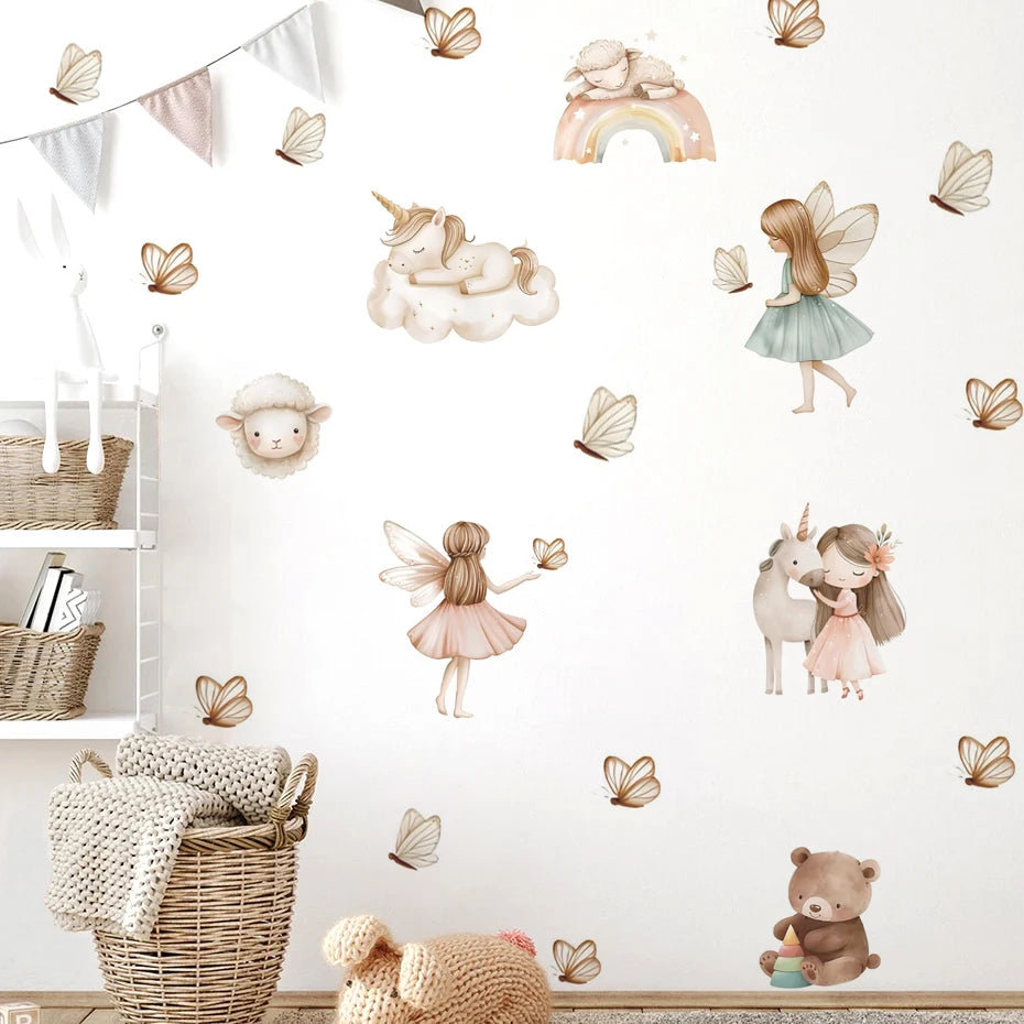 Children's room with wall stickers of fairies, unicorns, and butterflies on a white wall.