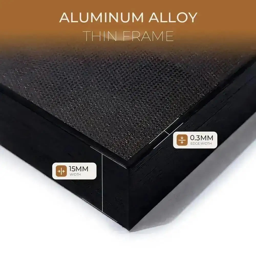 Black frame with text indicating aluminum alloy thin frame and material thickness on a white background