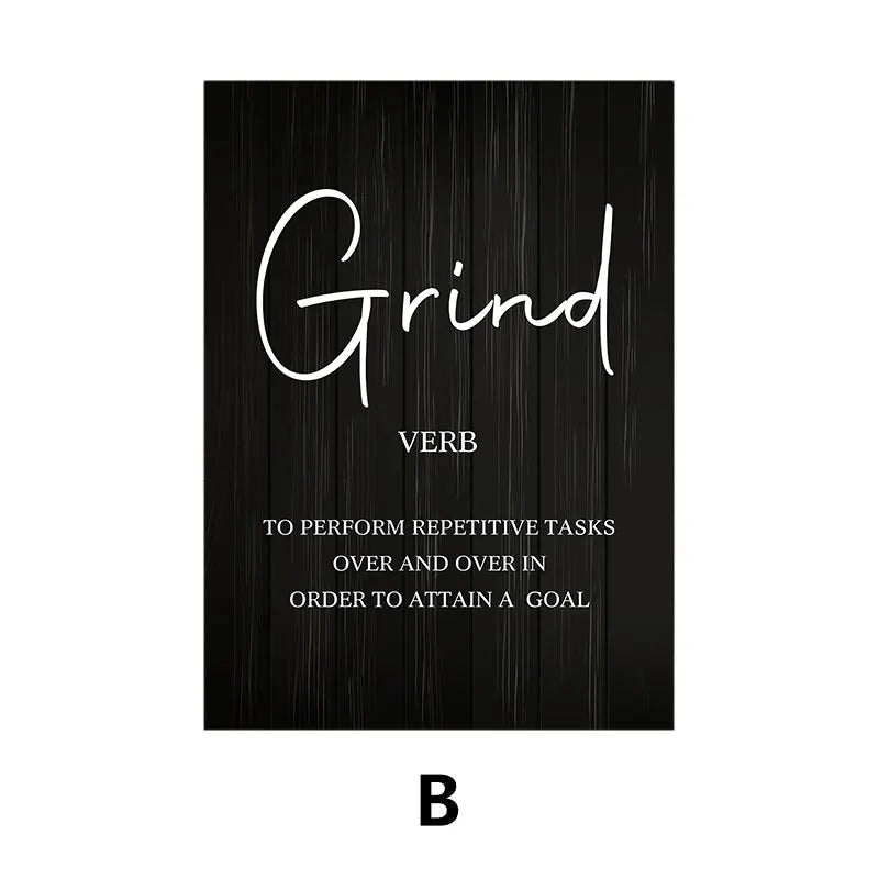 Black poster with white text defining 'Grind' on a white background