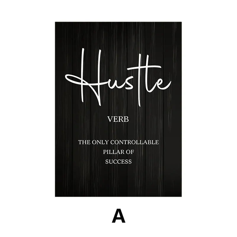 Black background with white text 'Hustle' and definition on a white background