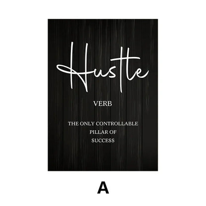 Black background with white text 'Hustle' and definition on a white background