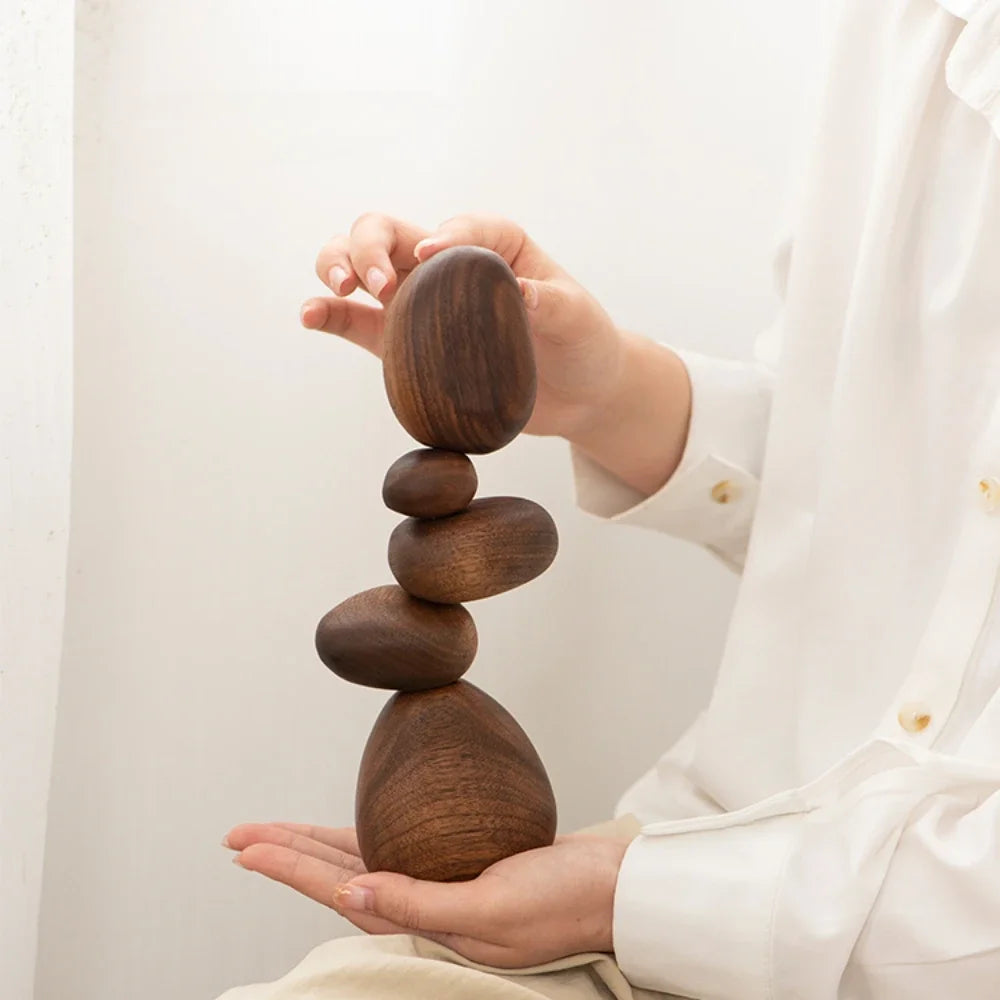 Dark Wooden Zen Balancing Stones Smooth Sculptural Abstract Decor Piece - Modern Accent For Minimalist Living Rooms and Contemporary Interiors
