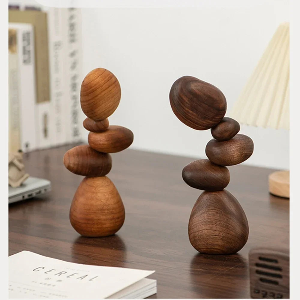 Dark Wooden Zen Balancing Stones Smooth Sculptural Abstract Decor Piece - Modern Accent For Minimalist Living Rooms and Contemporary Interiors