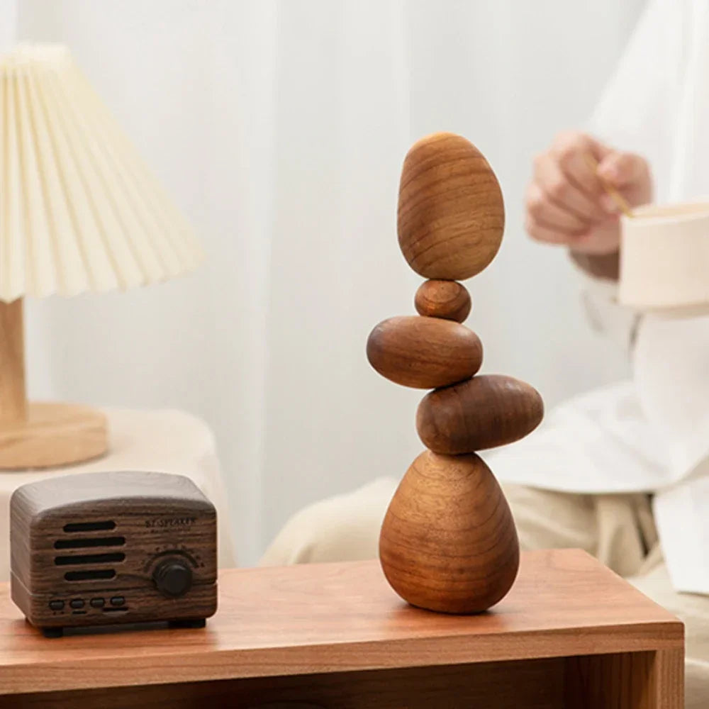 Dark Wooden Zen Balancing Stones Smooth Sculptural Abstract Decor Piece - Modern Accent For Minimalist Living Rooms and Contemporary Interiors