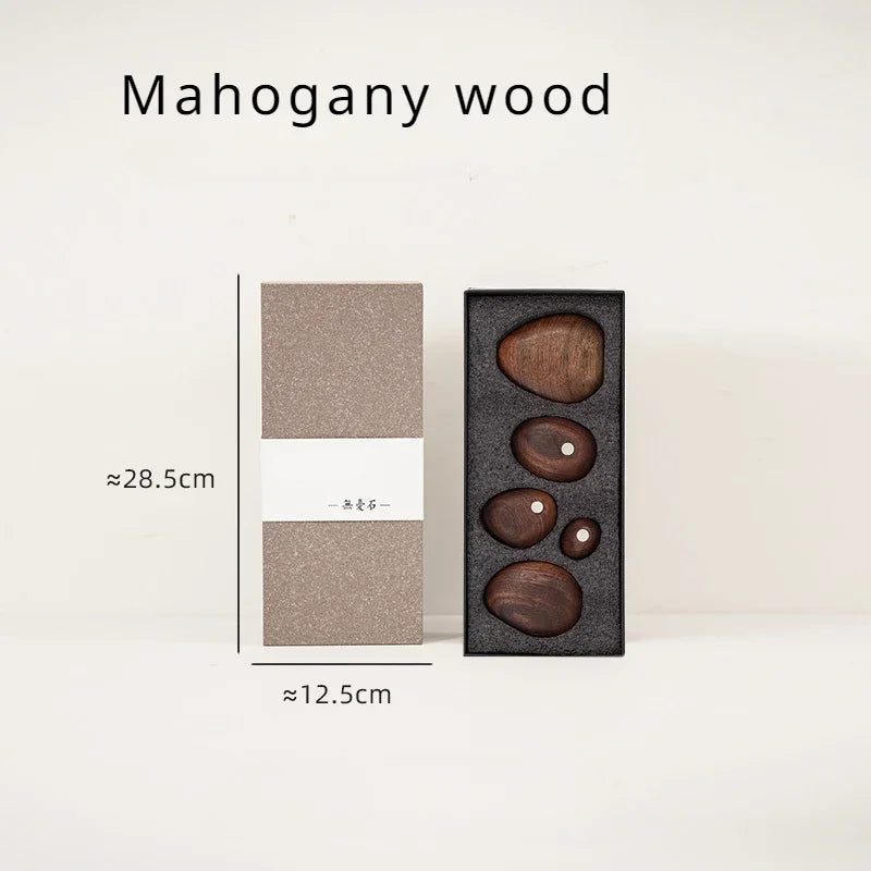 Box of mahogany wood items with dimensions on a white background