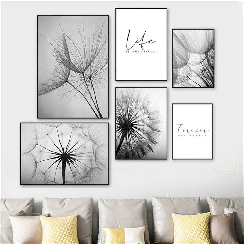 Delicate Dandelions Inspirational Black White Wall Art Fine Art Canvas Prints Lifestyle Pictures Of Calm For Modern Apartment Living Room Bedroom Art Decor