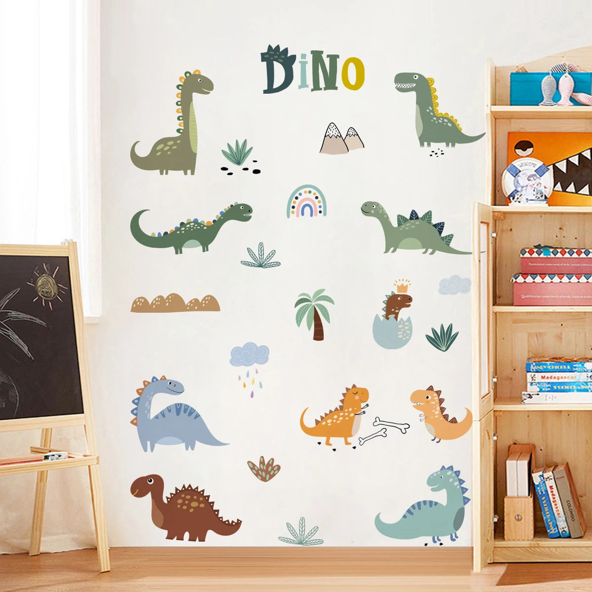 Dino Dreams Wall Decals – Colorful Cartoon Dinosaurs, Rainbows & Plants Wall Stickers for Children's Nursery or Kids’ Room Decor