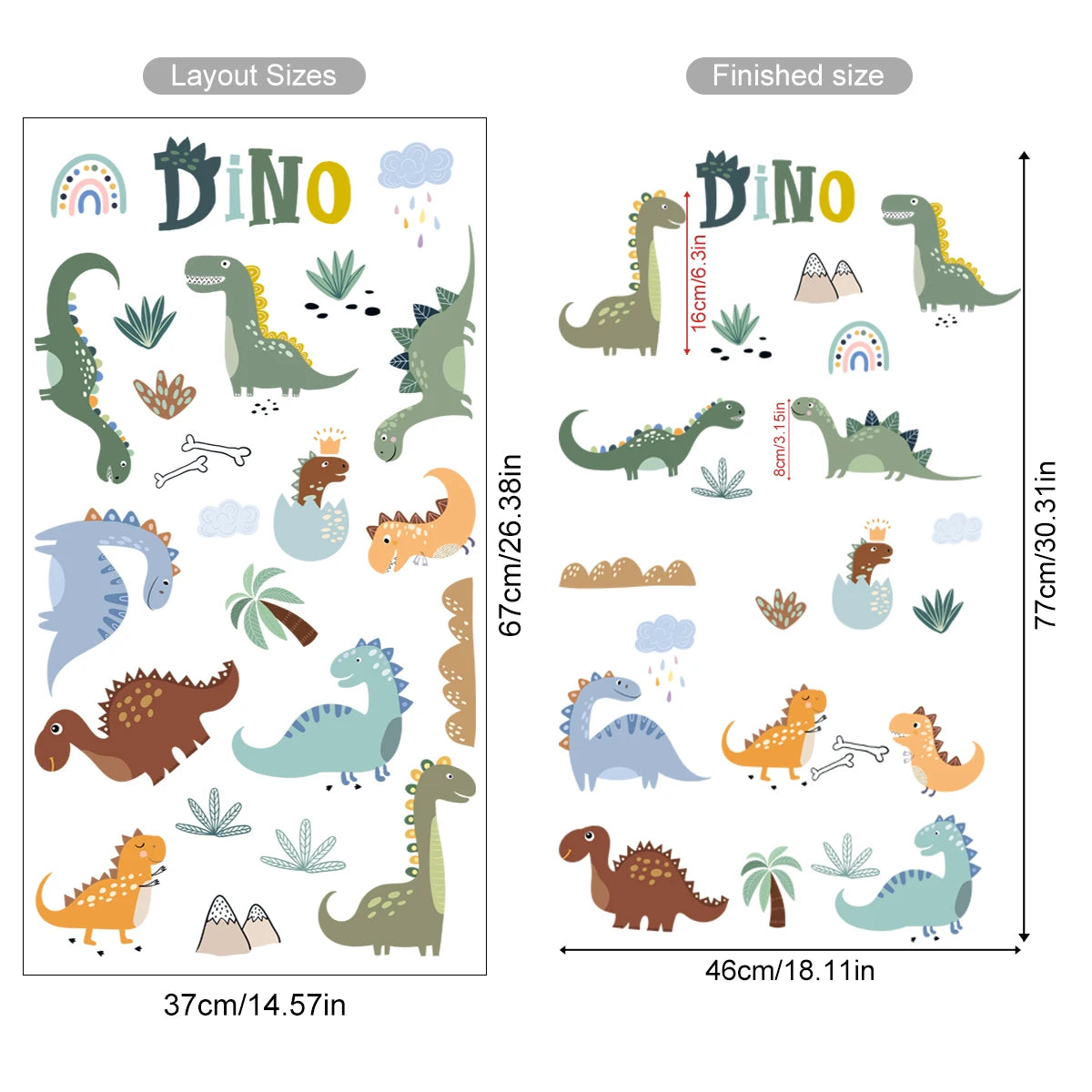 Dinosaur-themed wall stickers with measurements on a white background