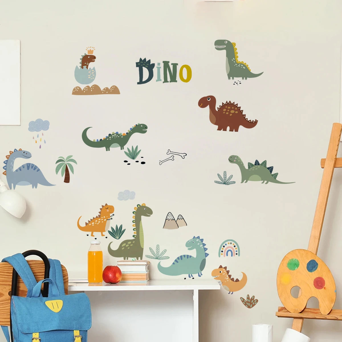 Dino Dreams Wall Decals – Colorful Cartoon Dinosaurs, Rainbows & Plants Wall Stickers for Children's Nursery or Kids’ Room Decor