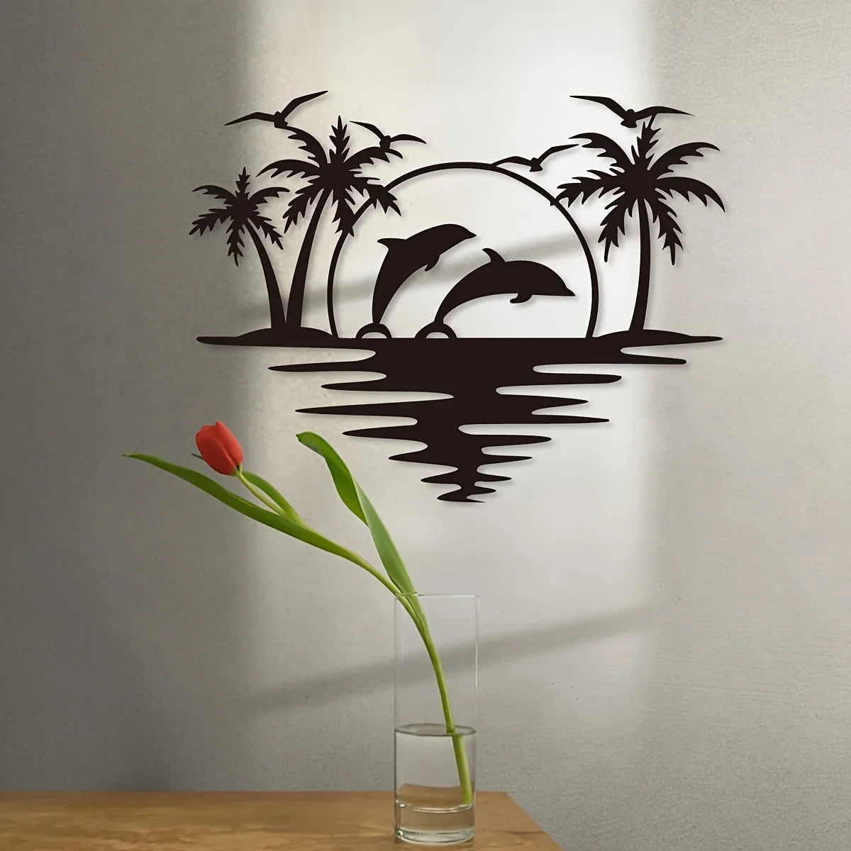 Dolphin Sunset Tropical Palm Trees Iron Art Wall Art 3D Metal Sculptured Wall Decoration For Living Room Dining Room Creative Contemporary Nordic Home Decor