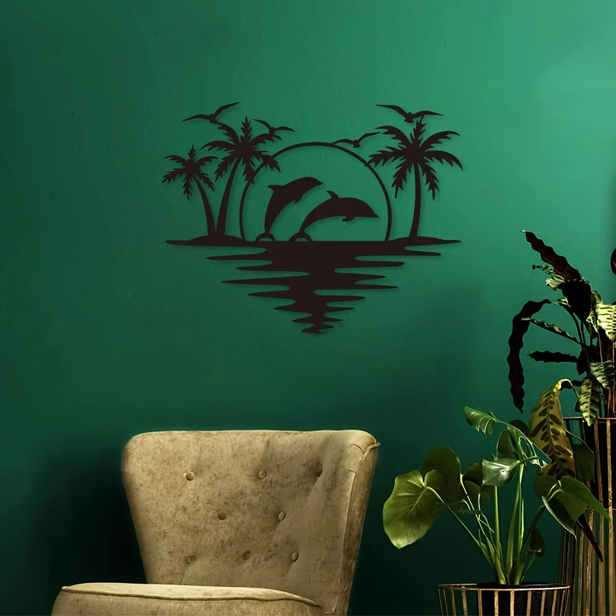 Dolphin Sunset Tropical Palm Trees Iron Art Wall Art 3D Metal Sculptured Wall Decoration For Living Room Dining Room Creative Contemporary Nordic Home Decor