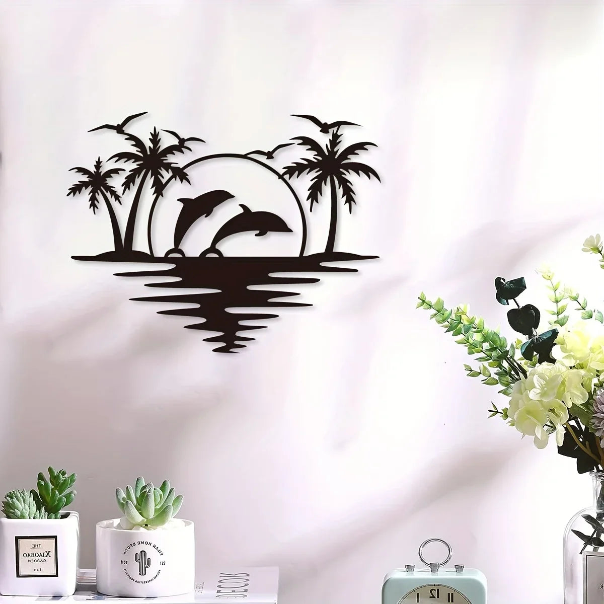 Dolphin Sunset Tropical Palm Trees Iron Art Wall Art 3D Metal Sculptured Wall Decoration For Living Room Dining Room Creative Contemporary Nordic Home Decor