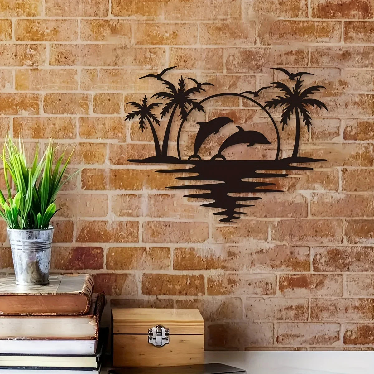 Dolphin Sunset Tropical Palm Trees Iron Art Wall Art 3D Metal Sculptured Wall Decoration For Living Room Dining Room Creative Contemporary Nordic Home Decor