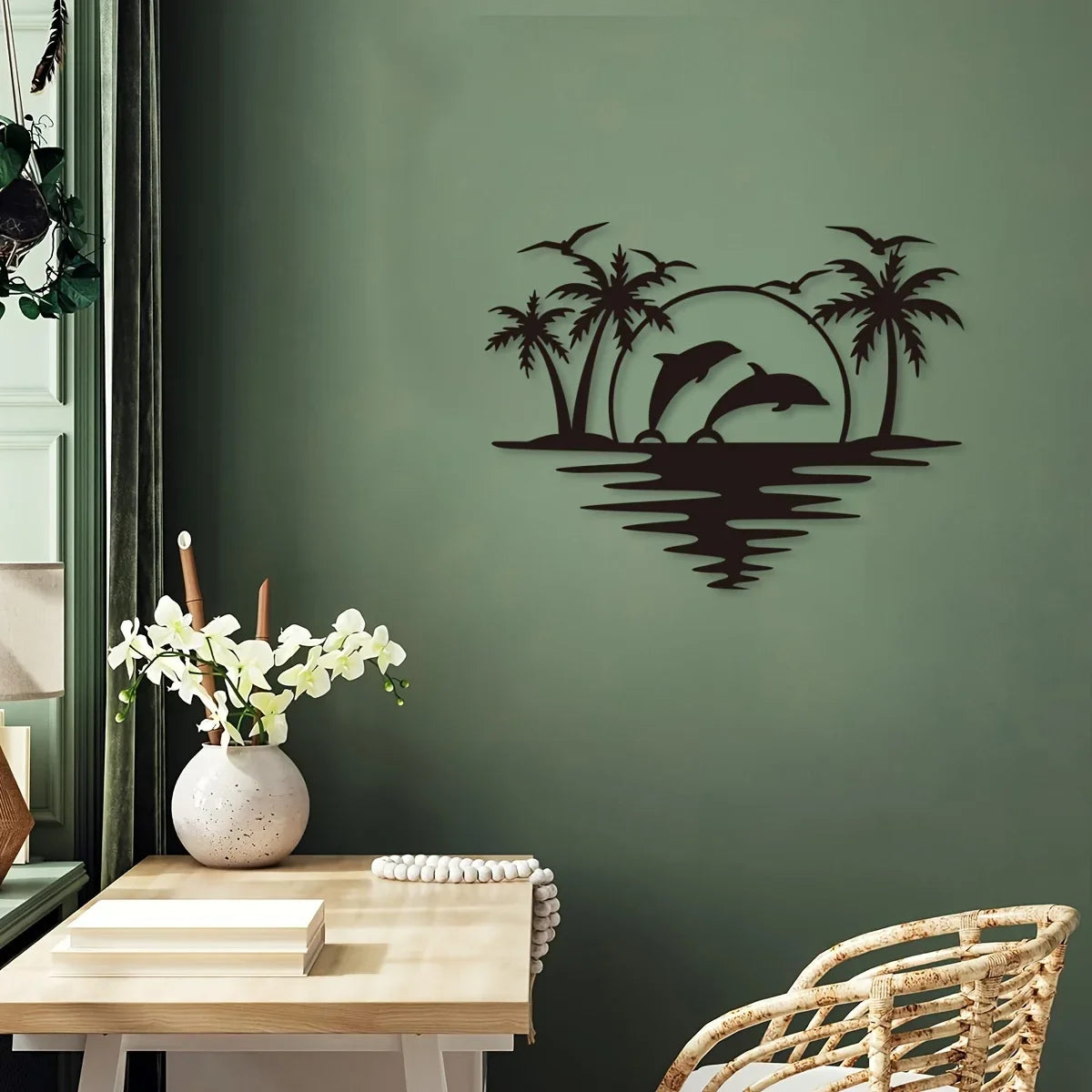 Dolphin Sunset Tropical Palm Trees Iron Art Wall Art 3D Metal Sculptured Wall Decoration For Living Room Dining Room Creative Contemporary Nordic Home Decor